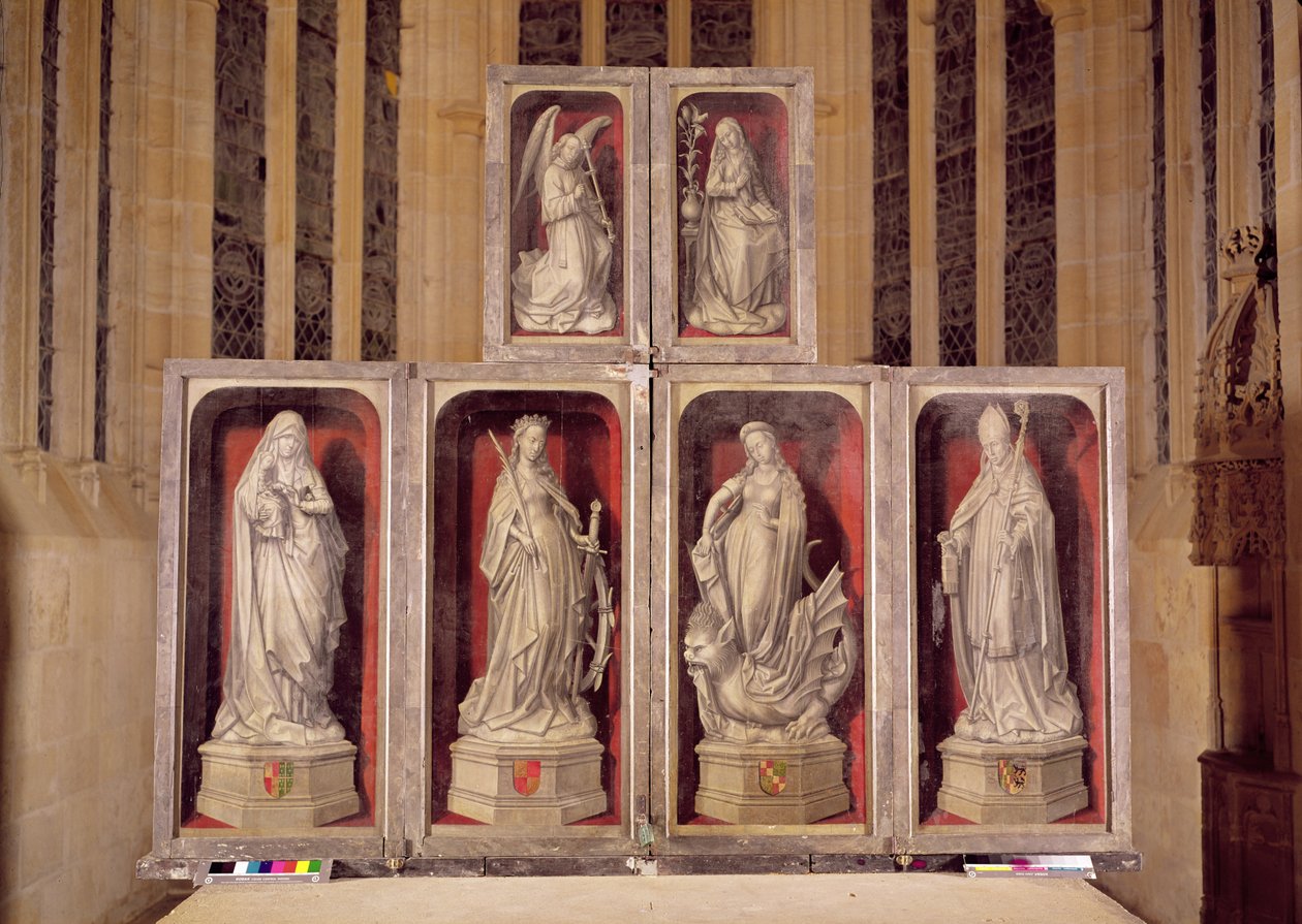Zicht op de panelen van het gesloten altaarstuk, met de Annunciatie en heiligen, 1460-66 door Rogier van der Weyden