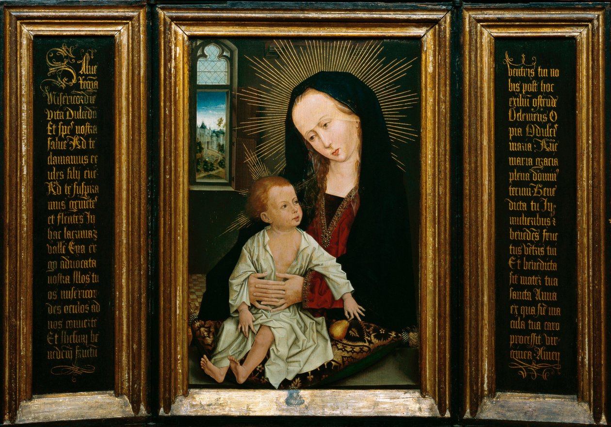 Salve Regina (Salve, O Koningin, katholiek gebed), voorstelling van de Maagd en Kind met een peer door Rogier van der Weyden