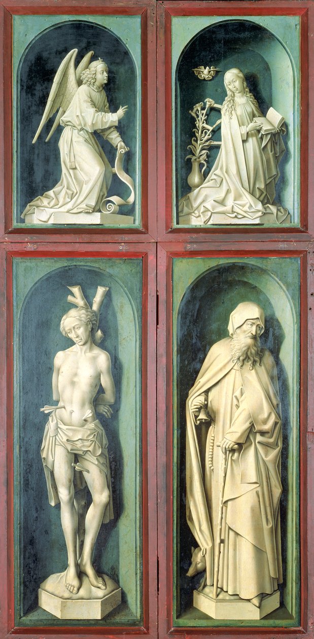 De Annunciatie, St. Sebastiaan, St. Antonius de Grote en de twee schenkers, panelen van de achterkant van het Laatste Oordeel, c.1445-50 door Rogier van der Weyden