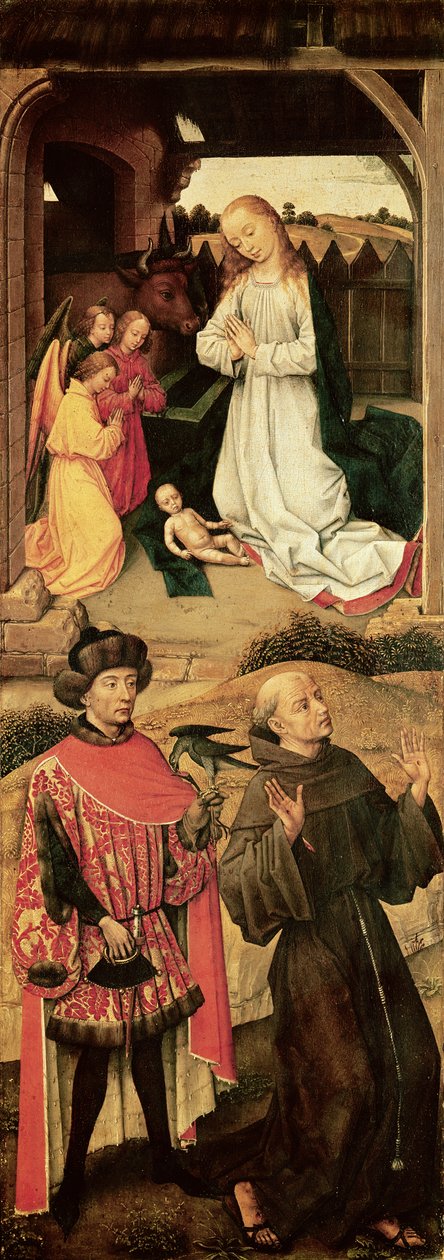 Drieluik van de Calvarie (linker paneel, de Geboorte in het bovenste gedeelte, Sint Franciscus van Assisi en mogelijk Sint Julianus de Hospitaller in het onderste gedeelte) door Rogier van der Weyden
