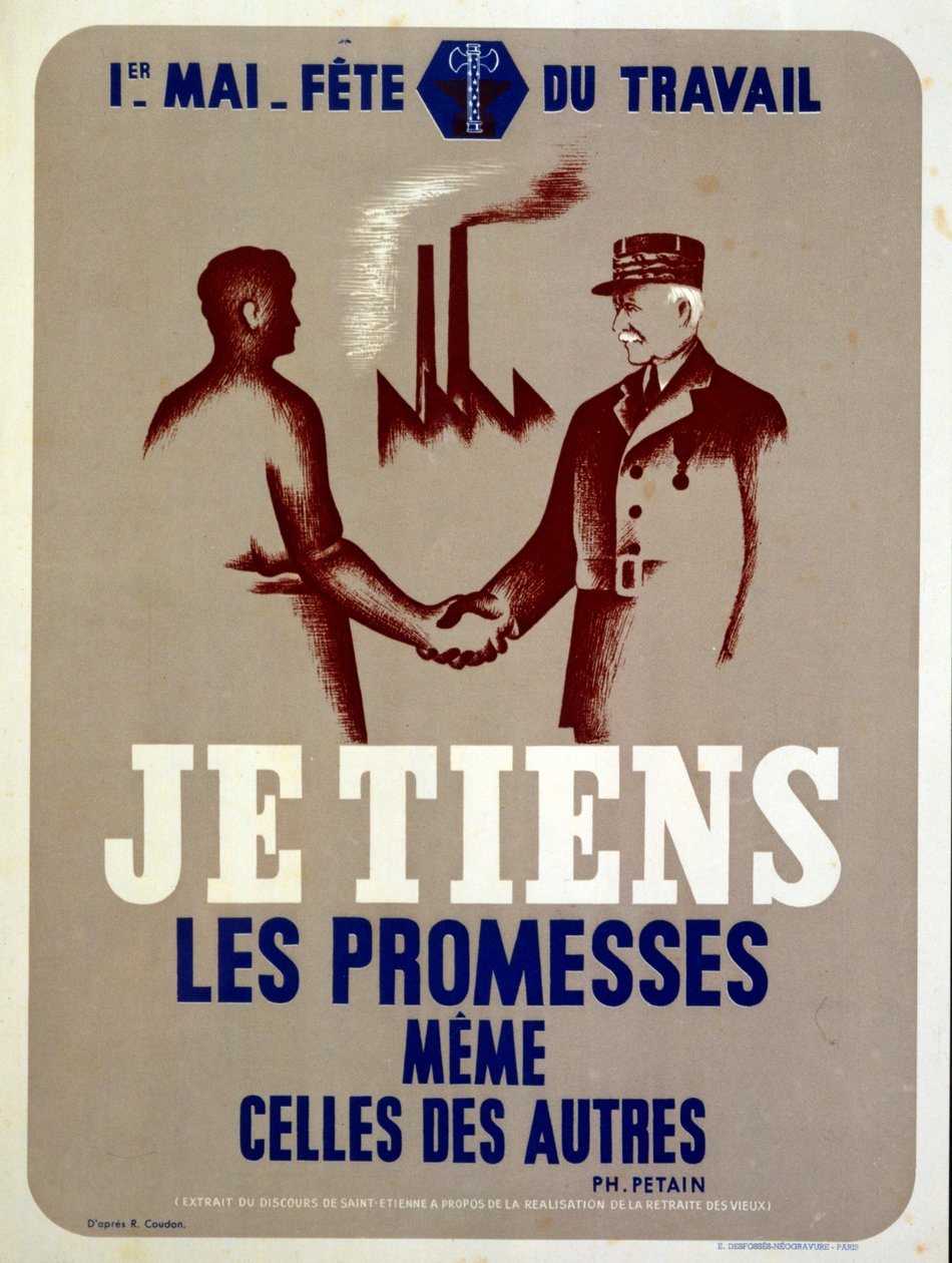Propagandaposter uitgegeven door maarschalk Petain, de Franse leider van Vichy, voor het meifeest in Frankrijk in oorlogstijd (poster) door Roland Coudon