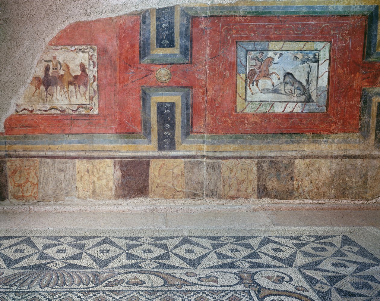Een reconstructie van het interieur van een Romeins huis, met mozaïekvloeren en muurschilderingen die circus- en jachtscènes uitbeelden door Roman