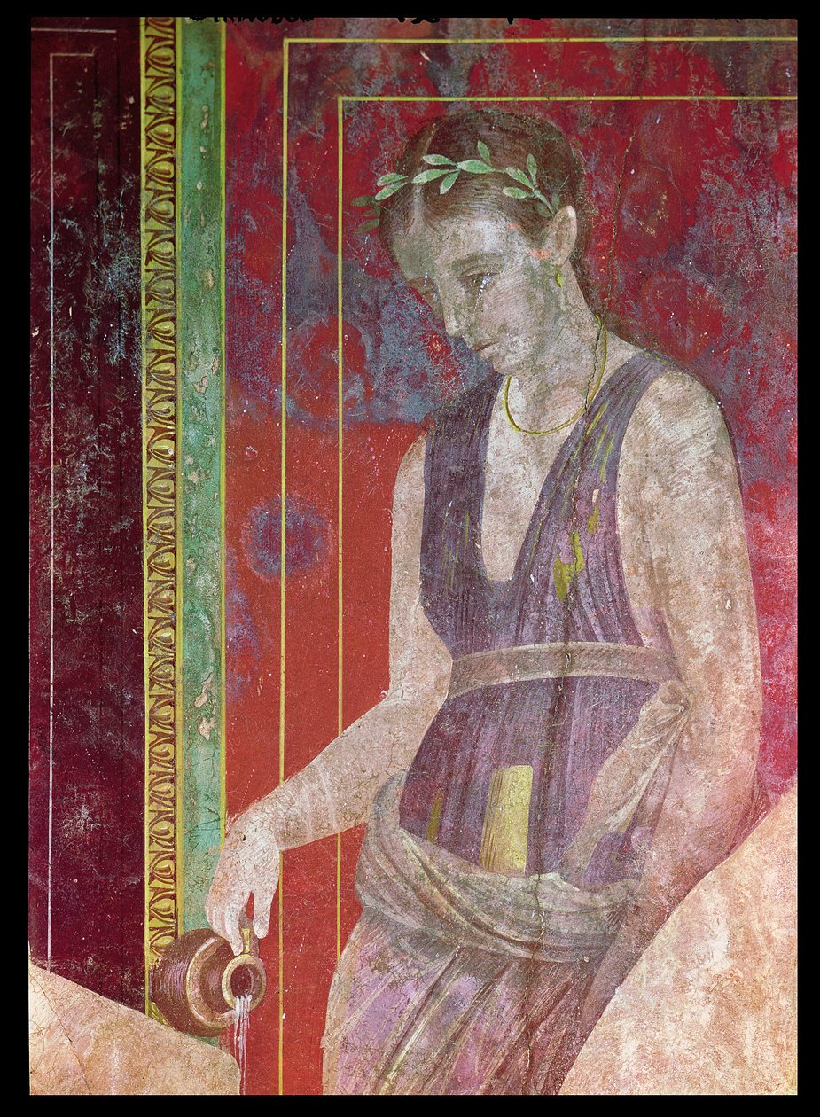 Bediende giet vloeistof uit een kruik, Noordmuur, Oecus 5, 60-50 v.Chr. (detail) door Roman