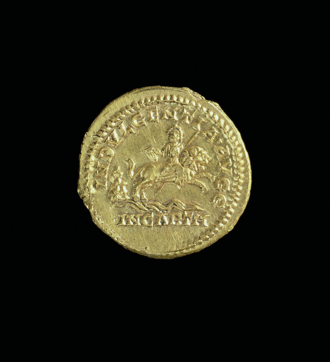 Aureus (achterzijde) van Caracalla (AD 196-AD 217) die de godin Caelestis afbeeldt die rechts op een leeuw rijdt. Inscriptie: INDVULGENTIA AVGG IN CARTH door Roman