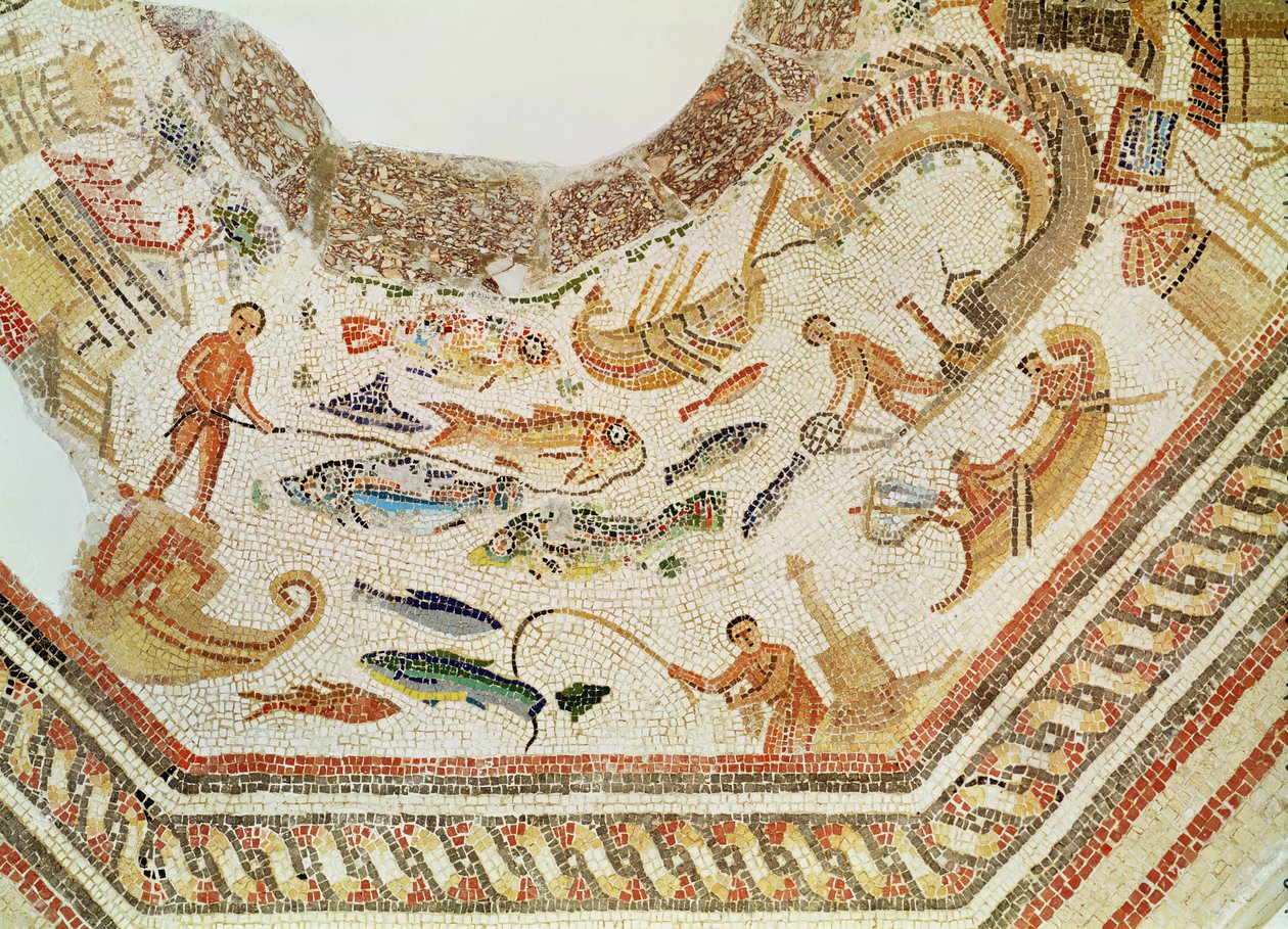 Detail van Vis, uit Vega Baja mozaïek door Roman