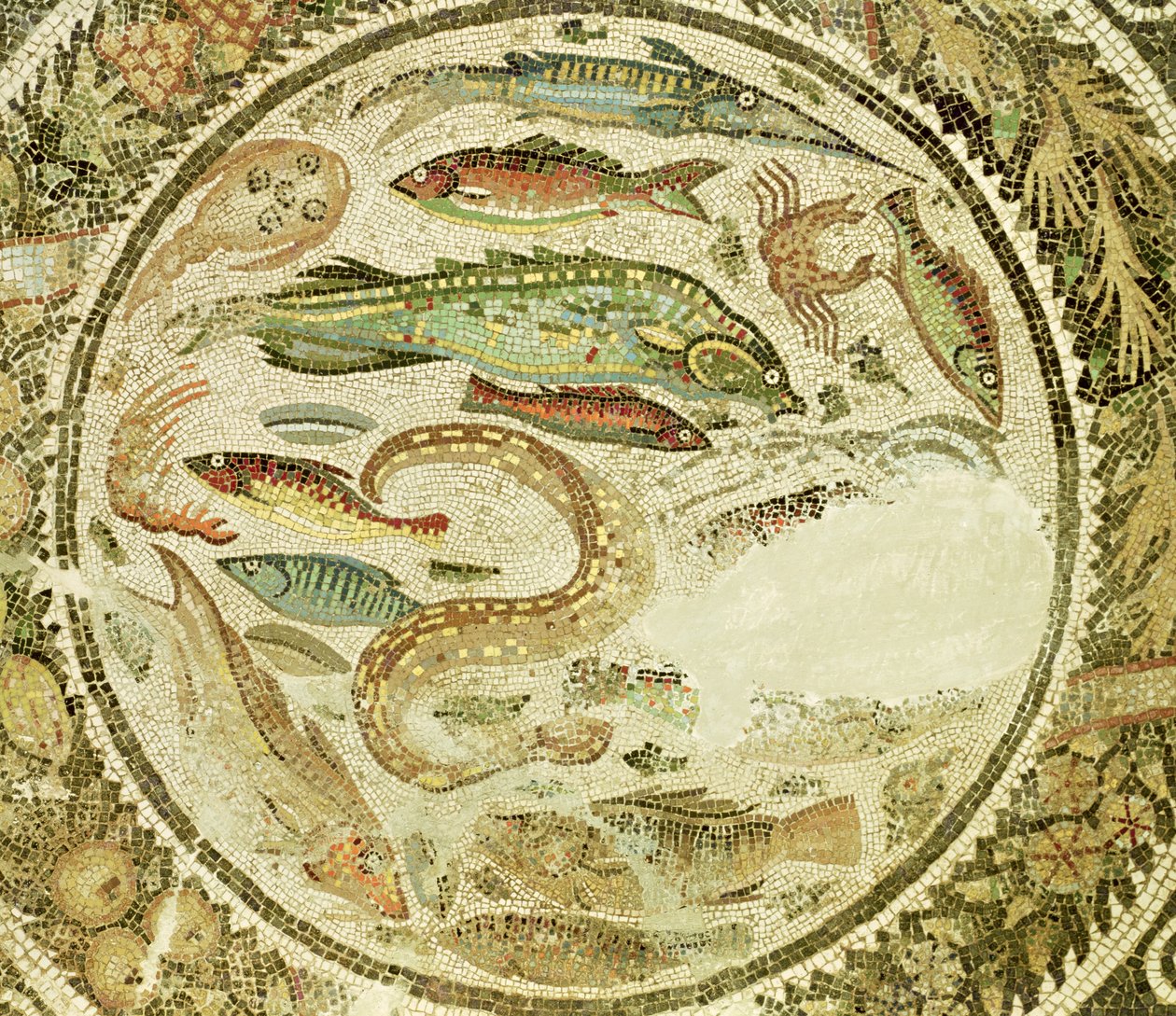 Detail van vis, De Vier Seizoenen, uit Vega Baja mozaïek door Roman