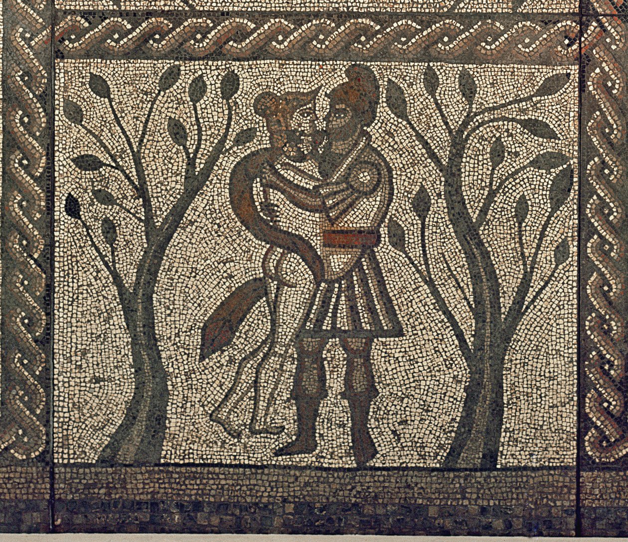Dido en Aeneas omhelzen elkaar, uit het mozaïekvloer in de Romeinse villa in Low Ham (detail) door Roman