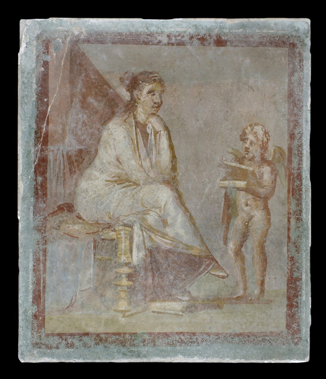 Ingelijste vignette geschilderd in fresco op een groene muur: Cupido onthult de inhoud van een vergulde doos aan een zittende vrouw, 65-75 AD door Roman