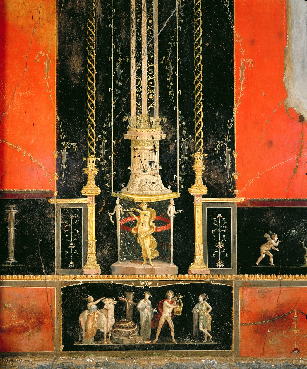 Mythologische en decoratieve details van de Oostmuur in de Geliefdenkamer, Casa dei Vettii, ca. 5-79 AD door Roman