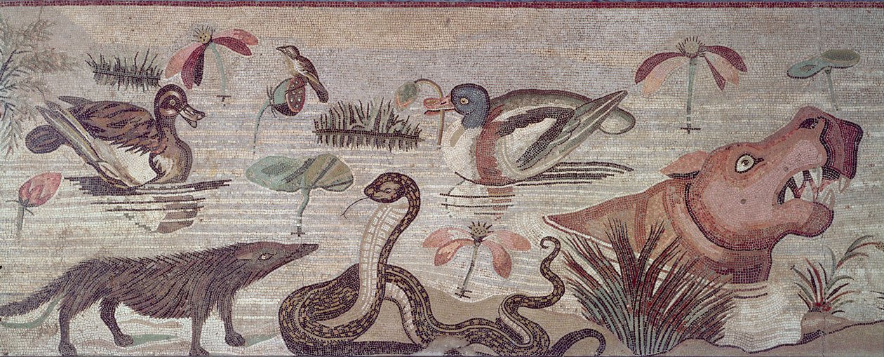 Nile scène, detail van eenden, een slang en een nijlpaard door Roman