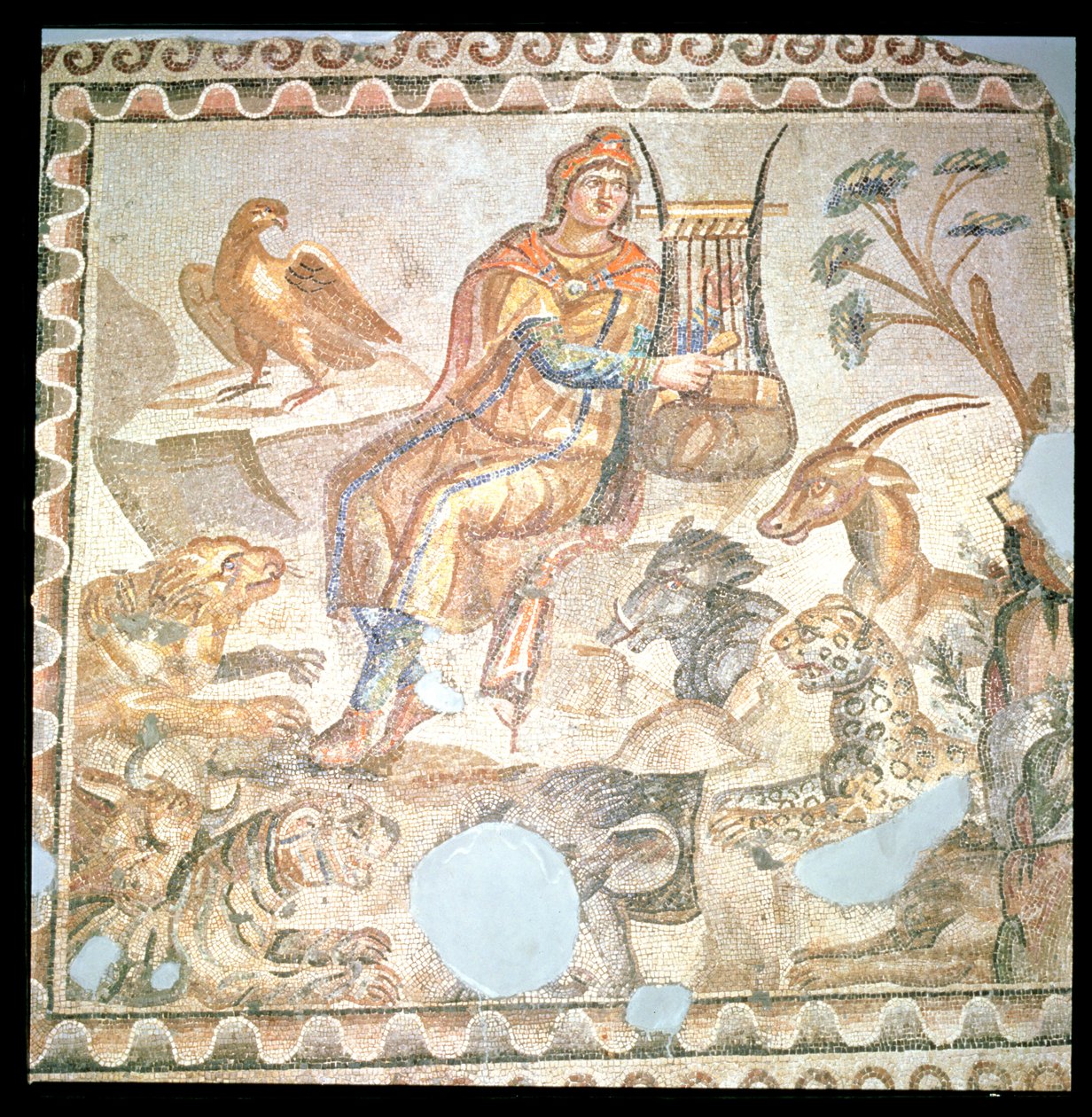 Orpheus speelt voor de dieren, Romeins mozaïek door Roman