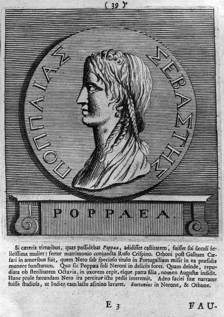 Poppaea Sabina, gravure naar een Romeinse munt gedateerd AD 54-68 door Roman