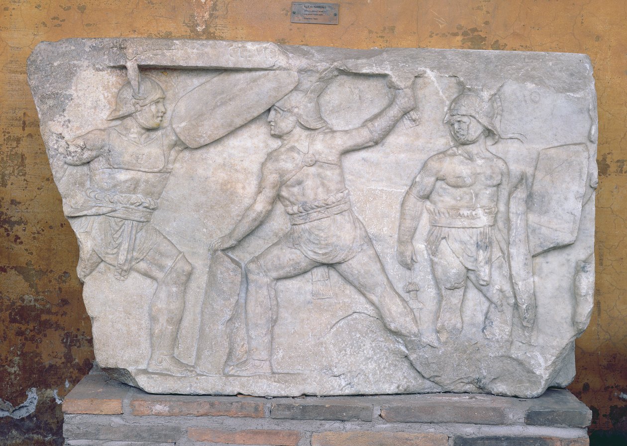 Reliëf met gladiatoren in gevecht (marmer) door Roman