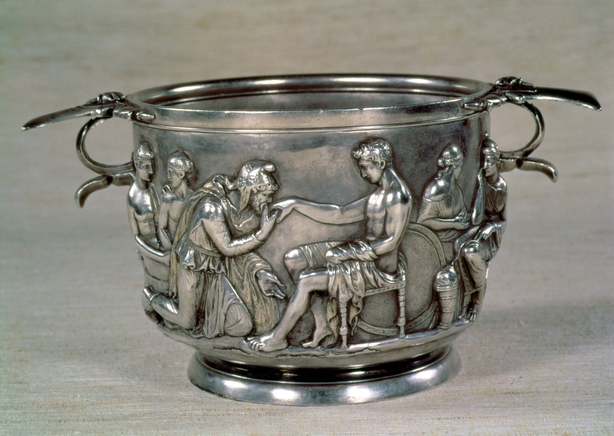 Romeinse verzilverde drinkbeker met afbeelding van Koning Priamus van Troje die Achilles smeekt om het lichaam van zijn zoon Hector terug te geven, gevonden in het graf van een stamhoofd in Hoby, Denemarken, 1e eeuw v.Chr. door Roman