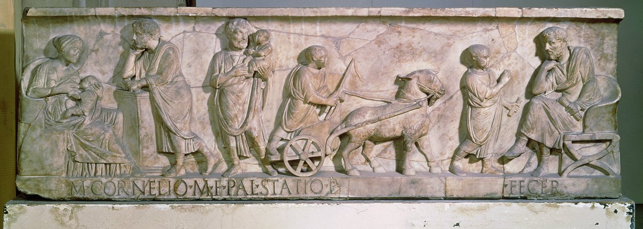 Sarcophagus van Cornelius Statius die scènes uit het leven van een kind uitbeeldt door Roman
