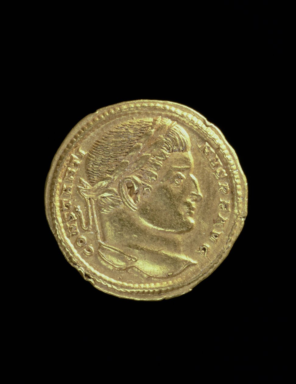 Solidus (voorzijde) van Constantijn de Grote (AD 306-AD 337) met een kaal borstbeeld en een lauwerkrans. Inscriptie: CONSTANTINVS P F AVG door Roman