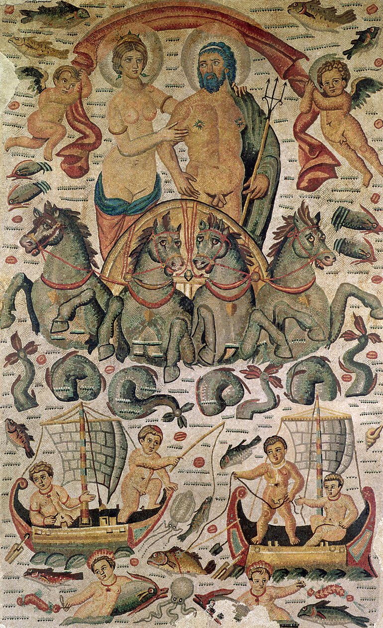 De triomf van Neptunus en Amphitrite, fragment van een vloer, uit Constantine, Algerije (mozaïek) door Roman