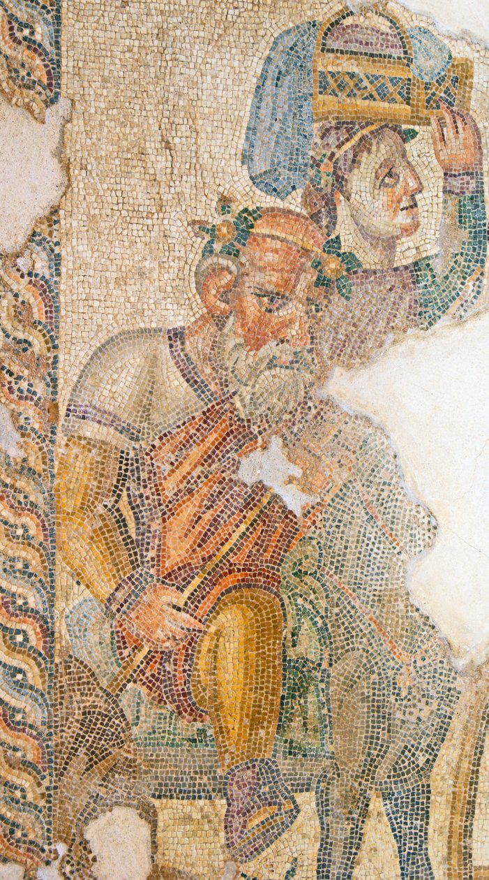 De triomfantelijke processie van Dionysos, detail van Seilenos die op zijn ezel rijdt, Huis van Aion, Paphos, Cyprus mozaïek door Roman