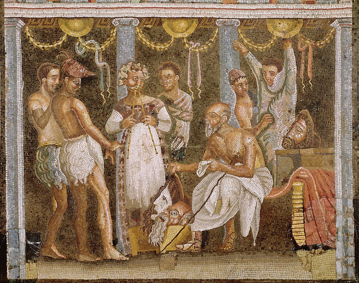 Acteurs repeteren voor een saterspel, c.62-79 AD (mozaïek) door Roman Imperial Period