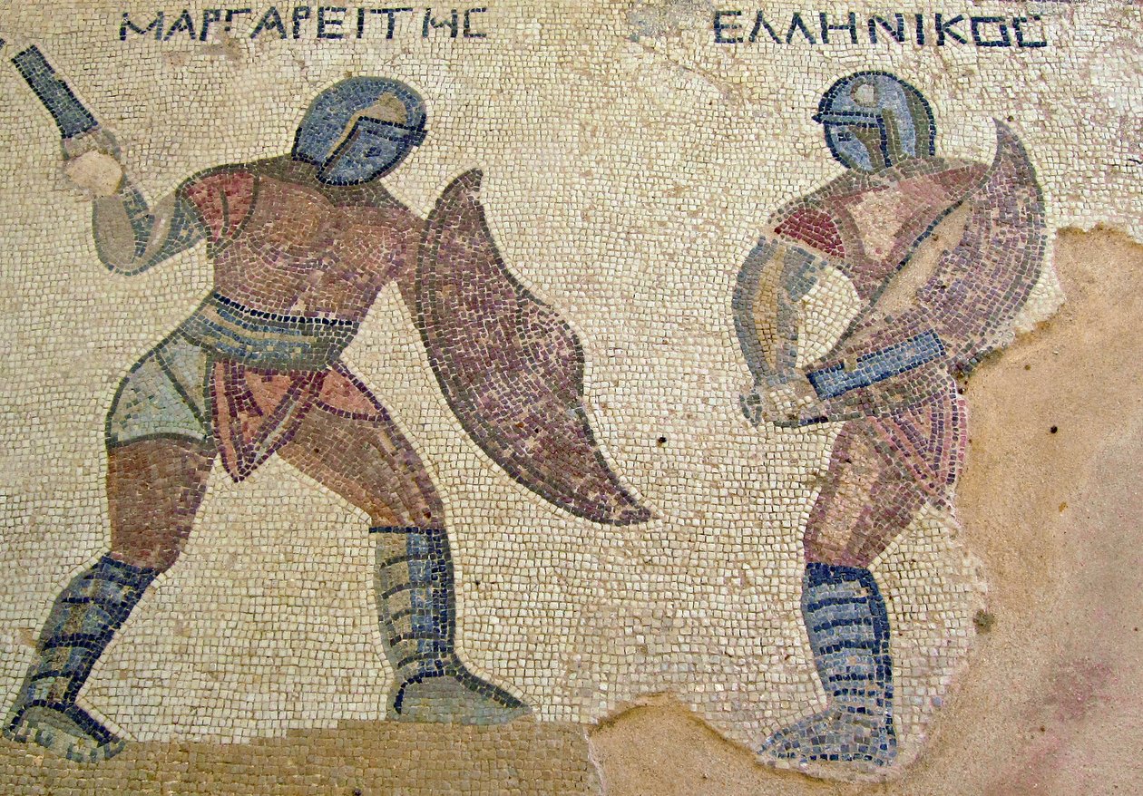 Een gevecht tussen twee gladiatoren, Huis van de Gladiatoren, Kourion, Cyprus (mozaïek) door Roman