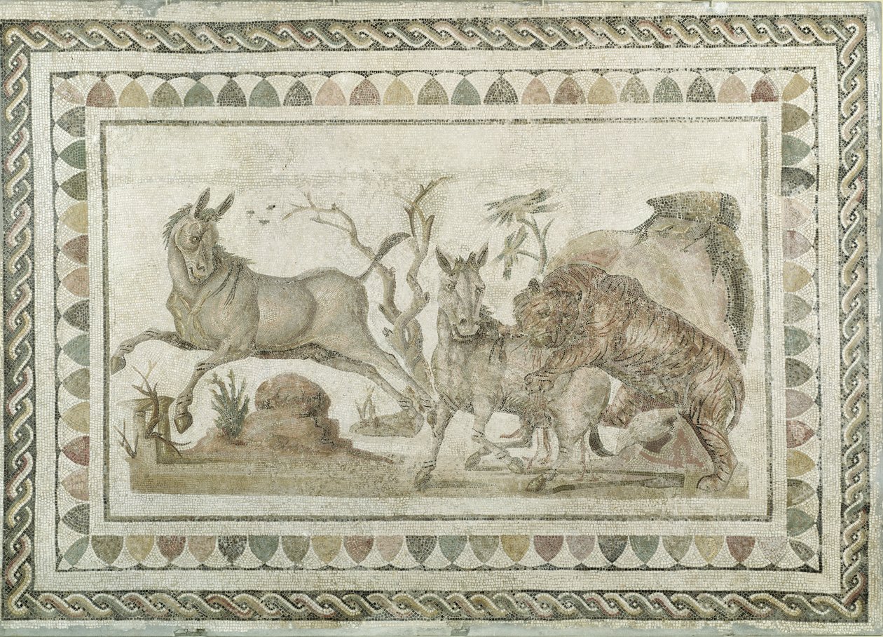 Een tijger valt twee onagers aan, uit het Huis van de Dionysische Processie, El-Jem (Thysdrus) (mozaïek) door Roman