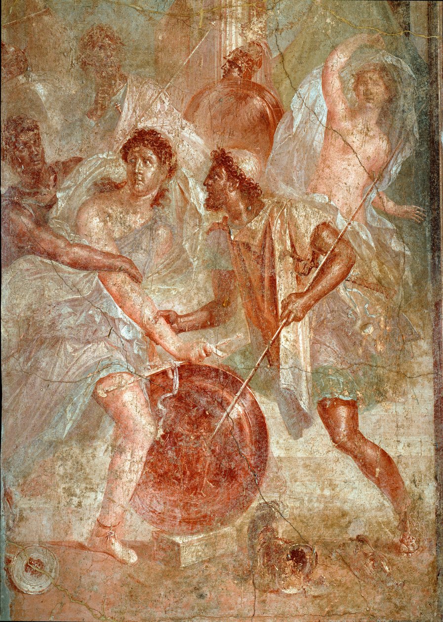 Achilles, vermomd als vrouw, wordt herkend door Odysseus tussen de dochters van Lycomedes op Scyros Fresco van Pompeii. 1e eeuw n.Chr. Dim. 145,5x137,5 cm Napels, nationaal archeologisch museum door Roman