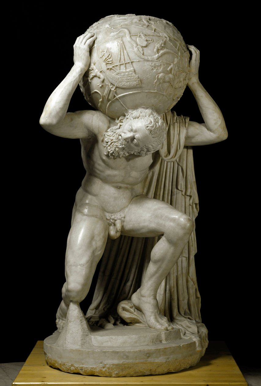 Atlas Farnese draagt de hemelbol die astronomische kennis symboliseert. Romeinse marmeren sculptuur na een Grieks origineel. 2e eeuw. Museo Archeologico Nazionale, Napels door Roman