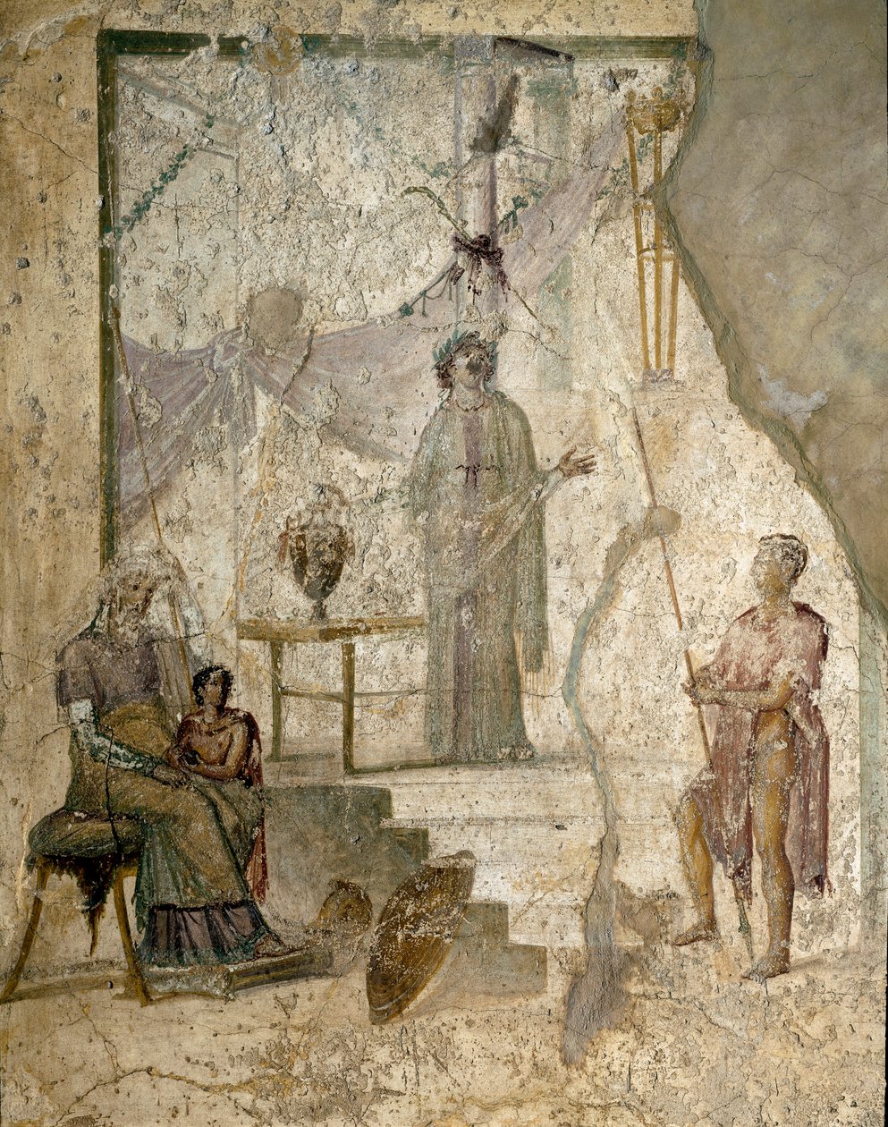 Cassandra voorspelt de val van Troje, haar vader Priamus zit links, haar broer Paris houdt de appel van Discord en een krijger leunt op zijn speer (waarschijnlijk Hector) - Fresco door Roman