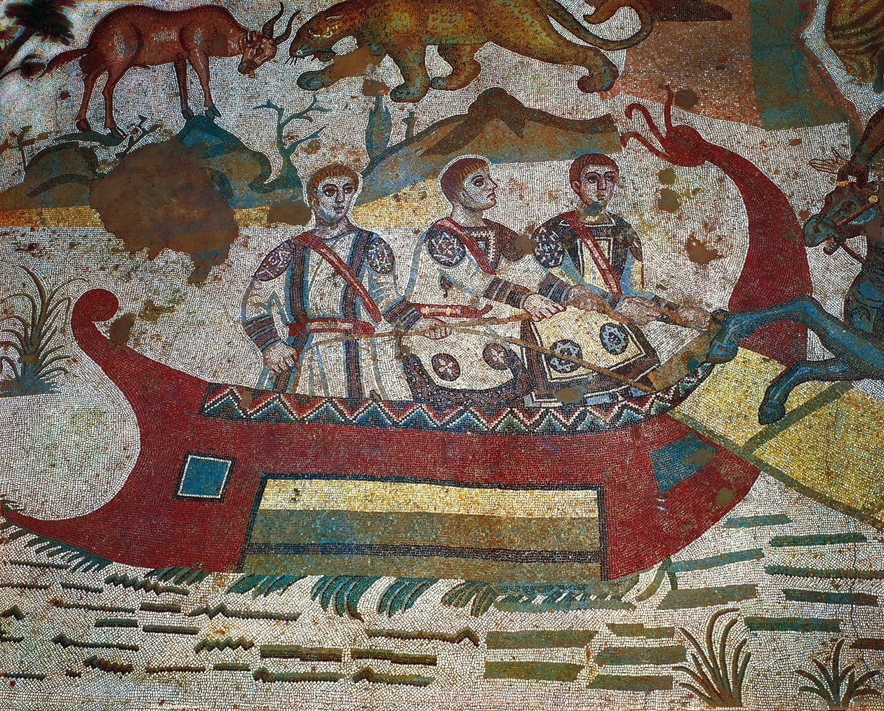 Detail van Grote Jacht mozaïek, Villa Romana del Casale, Piazza Armerina, Sicilië, Italië, 4e eeuw door Roman