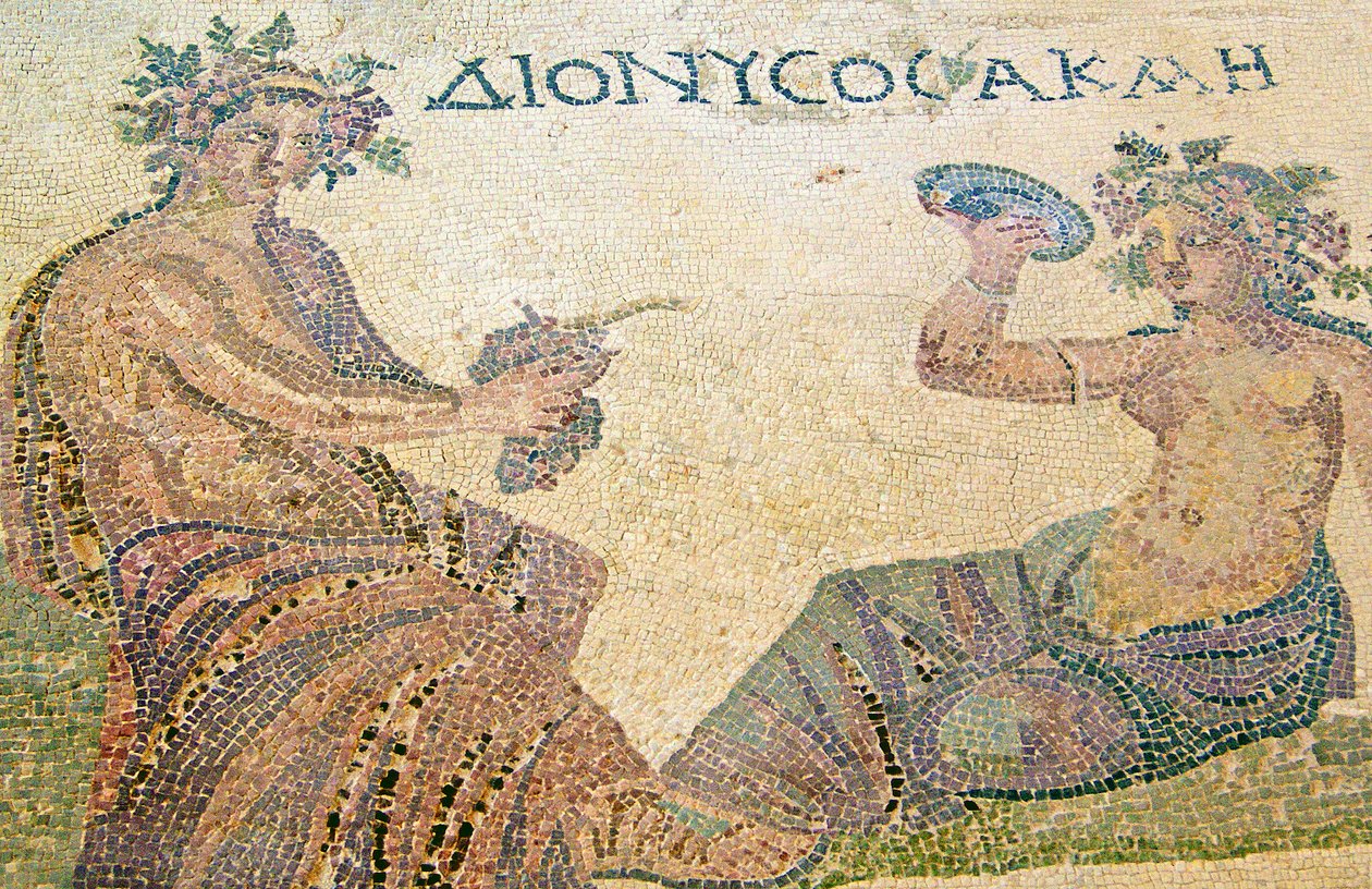 Dionysus adviseert de nimf Akme, Huis van Dionysos, Paphos, Cyprus (mozaïek) door Roman