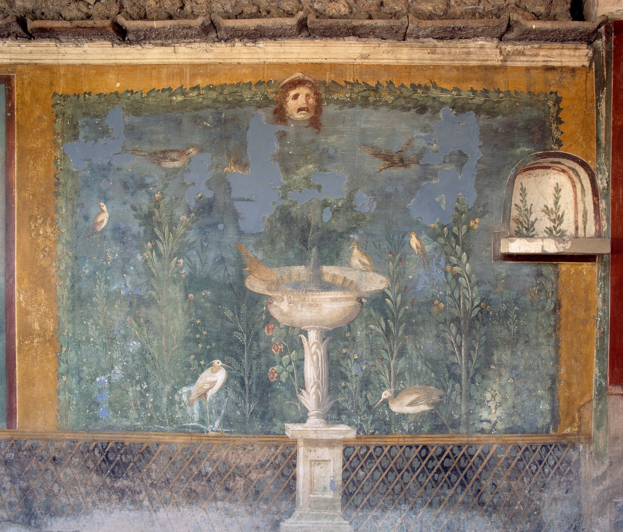 Fresco met fontein, masker en vogels, Huis van Venus in Schelp, Pompeii (Unesco Werelderfgoedlijst) door Roman