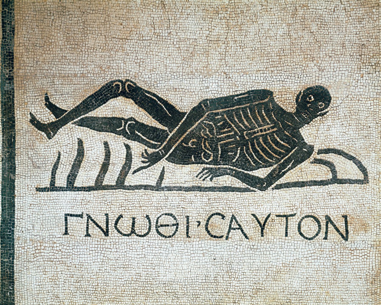 Gnothi seauton (Ken uzelf memento mori in mozaïek van opgravingen in het klooster van San Gregorio in Rome, met de Griekse spreuk 3e eeuw v.Chr.) Museo Nazionale Romano (o delle Terme) Rome door Roman