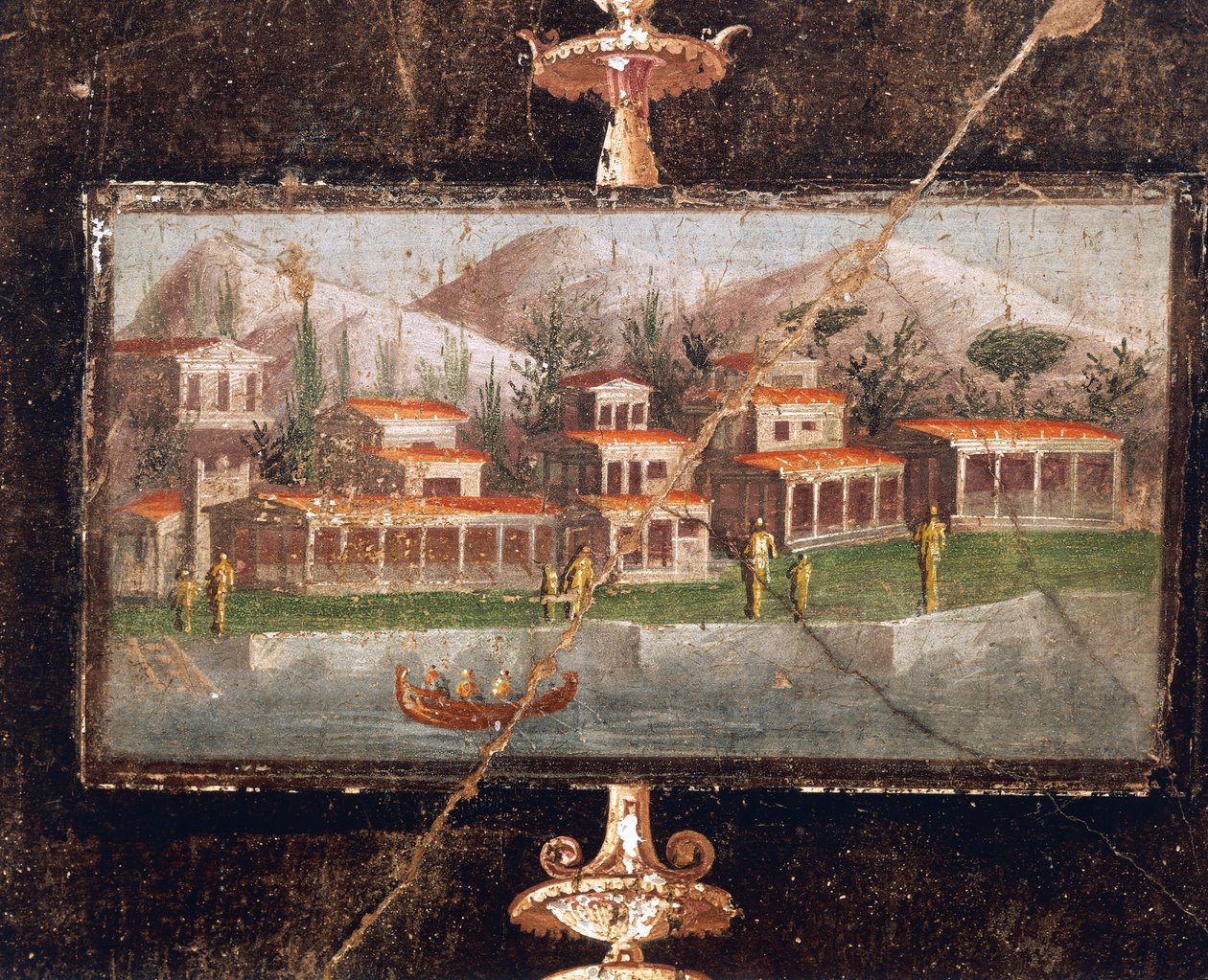 Landschap en architectuur in muurschildering in tablinum, Huis van Marco Lucrezio Fronto, Pompeii door Roman