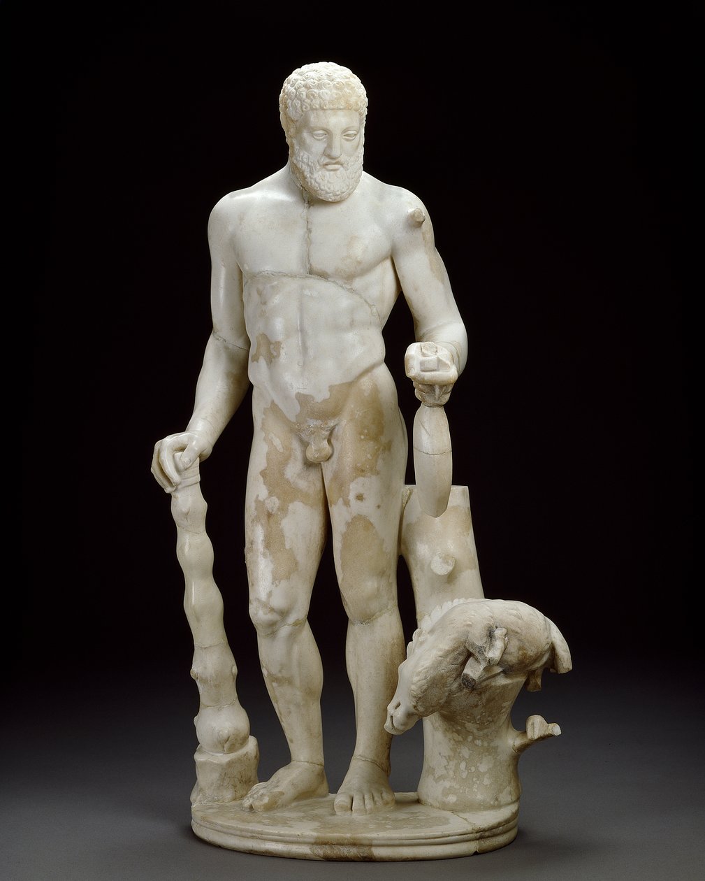 Marmeren beeldje van Hercules en het Erymanthische zwijn (marmer) door Roman