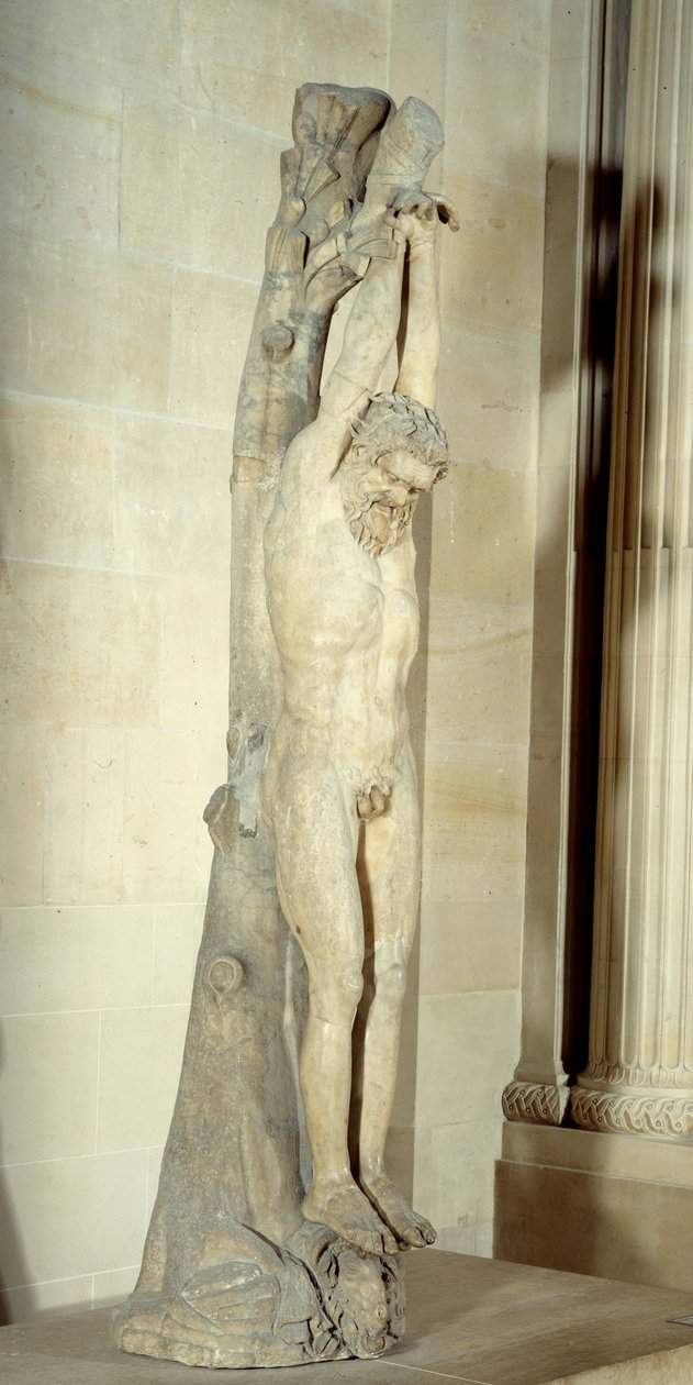De marteling van Marsyas hangend aan een dennenstam. Marmeren beeldhouwwerk uit het einde van de 3e-begin 2e eeuw v.Chr. door Roman