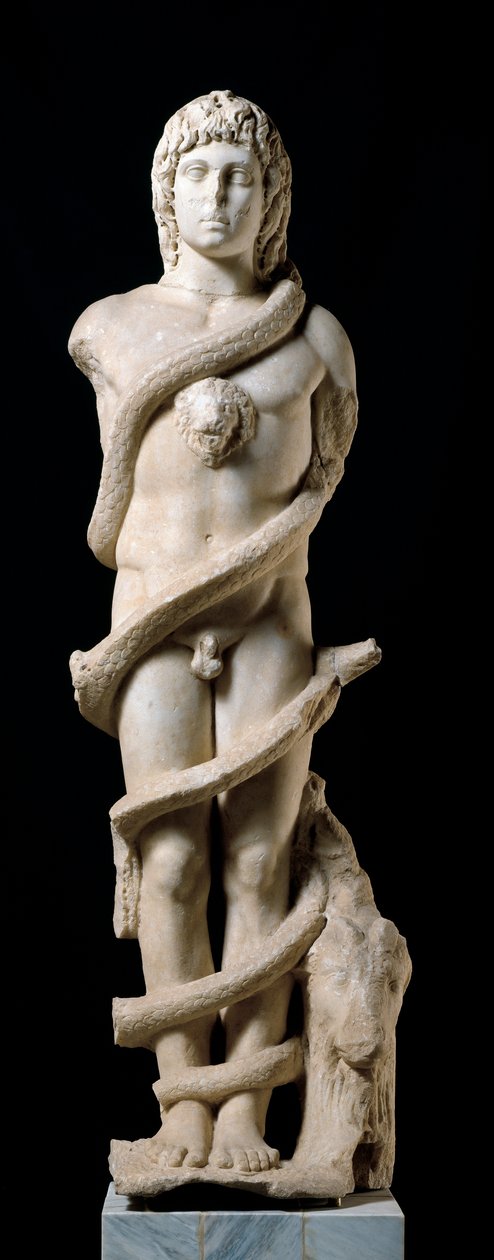Mithraïsche cultus: representatie van de godheid Mithra met Chronos, het kronkelende serpent, symbool van tijd door Roman