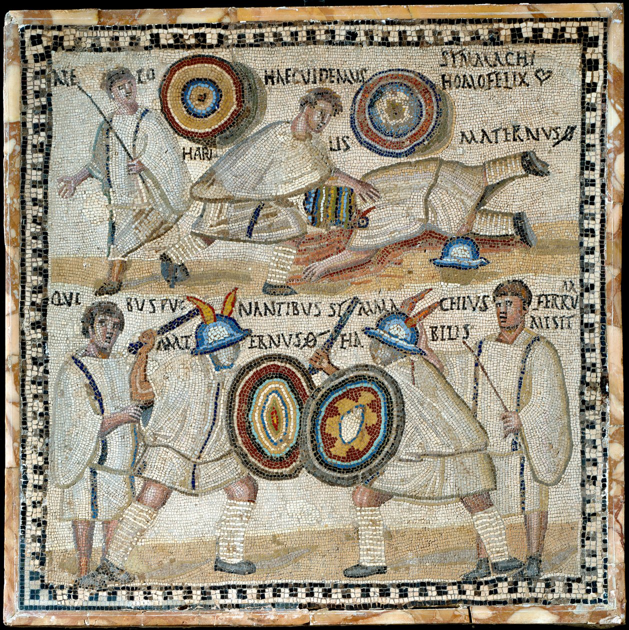 Mozaïek die het gevecht tussen twee equites genaamd Simmachius en Maternus toont, Romeins, 3e eeuw na Christus door Roman