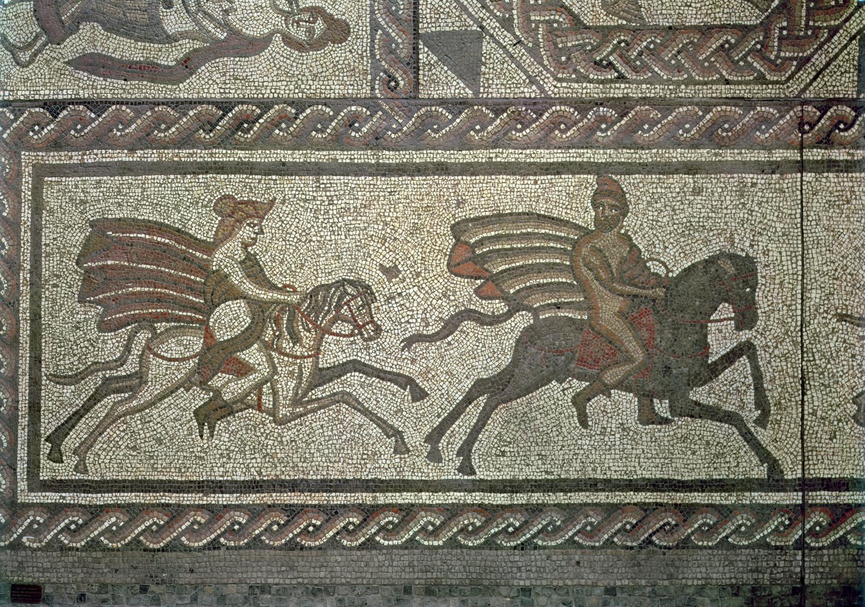 Mozaïekvloer van de Romeinse villa in Low Ham, illustratie van het verhaal van Dido en Aeneas uit Virgils Aeneis, ca. 350 AD (detail) door Roman