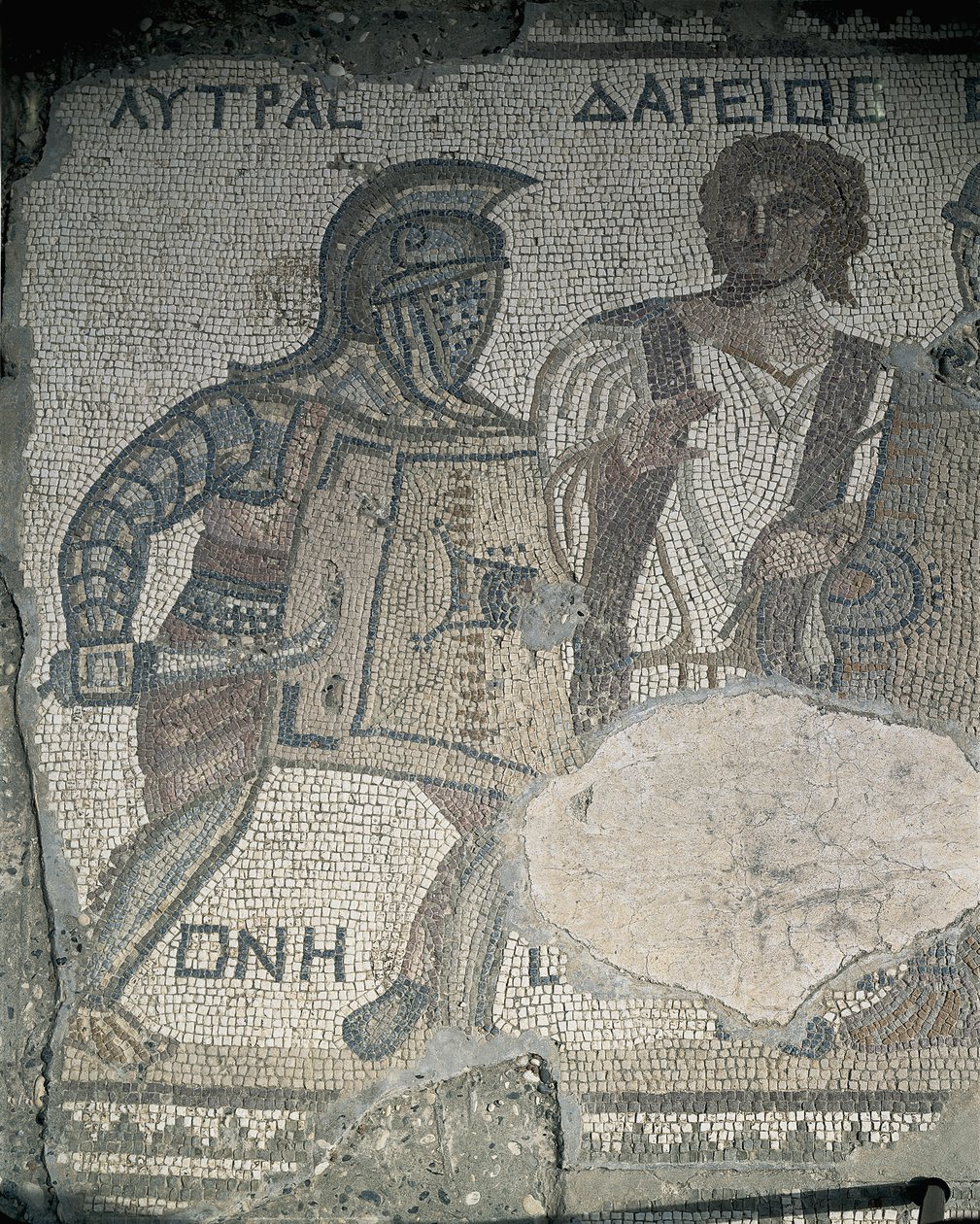 Schilderij van twee gladiatoren op een mozaïekmuur, Kourion, Limassol, Cyprus door Roman