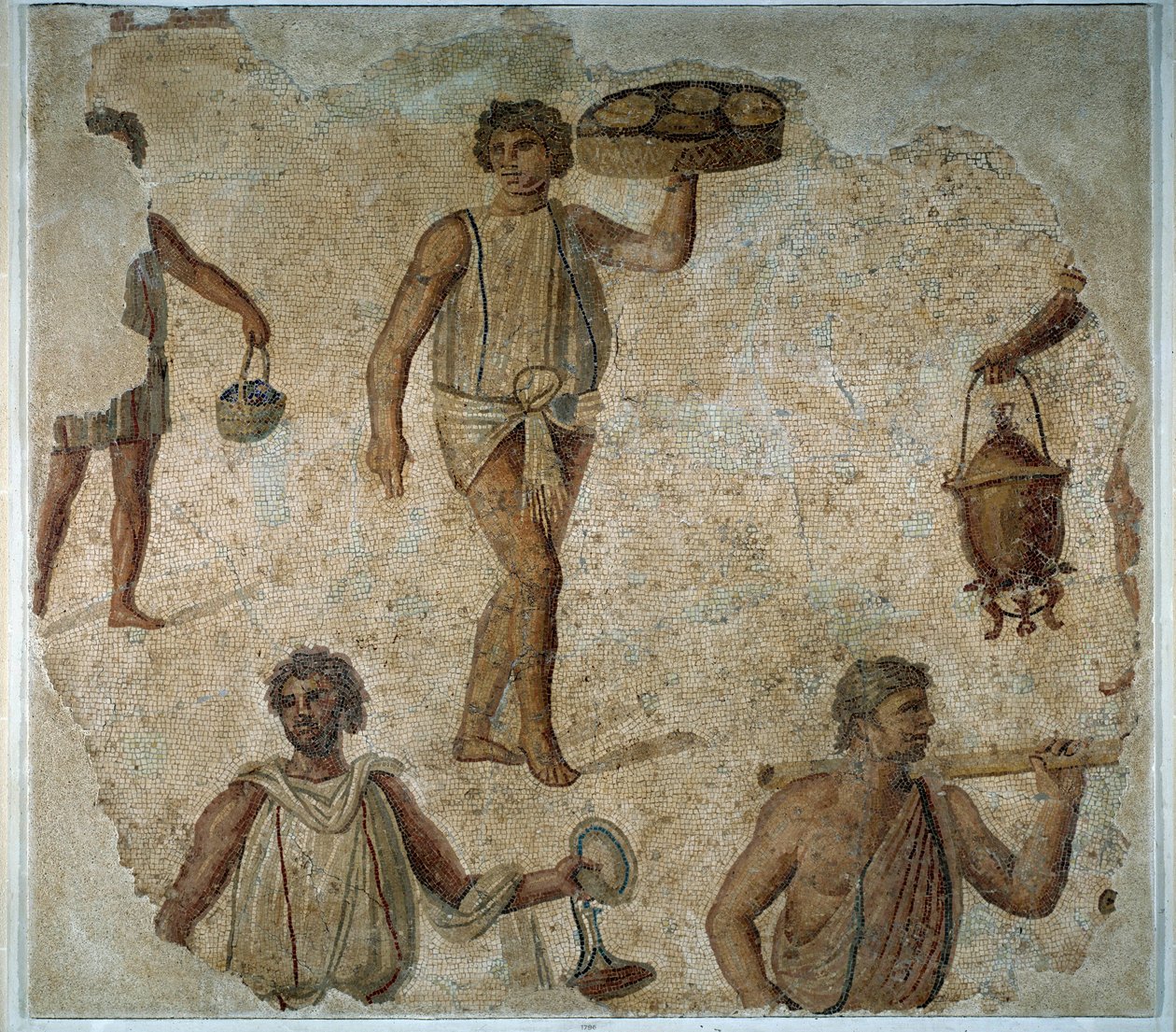 Voorbereidingen voor een dionysisch feest: slaaf die een mozaïekmaaltijd serveert uit Carthago door Roman