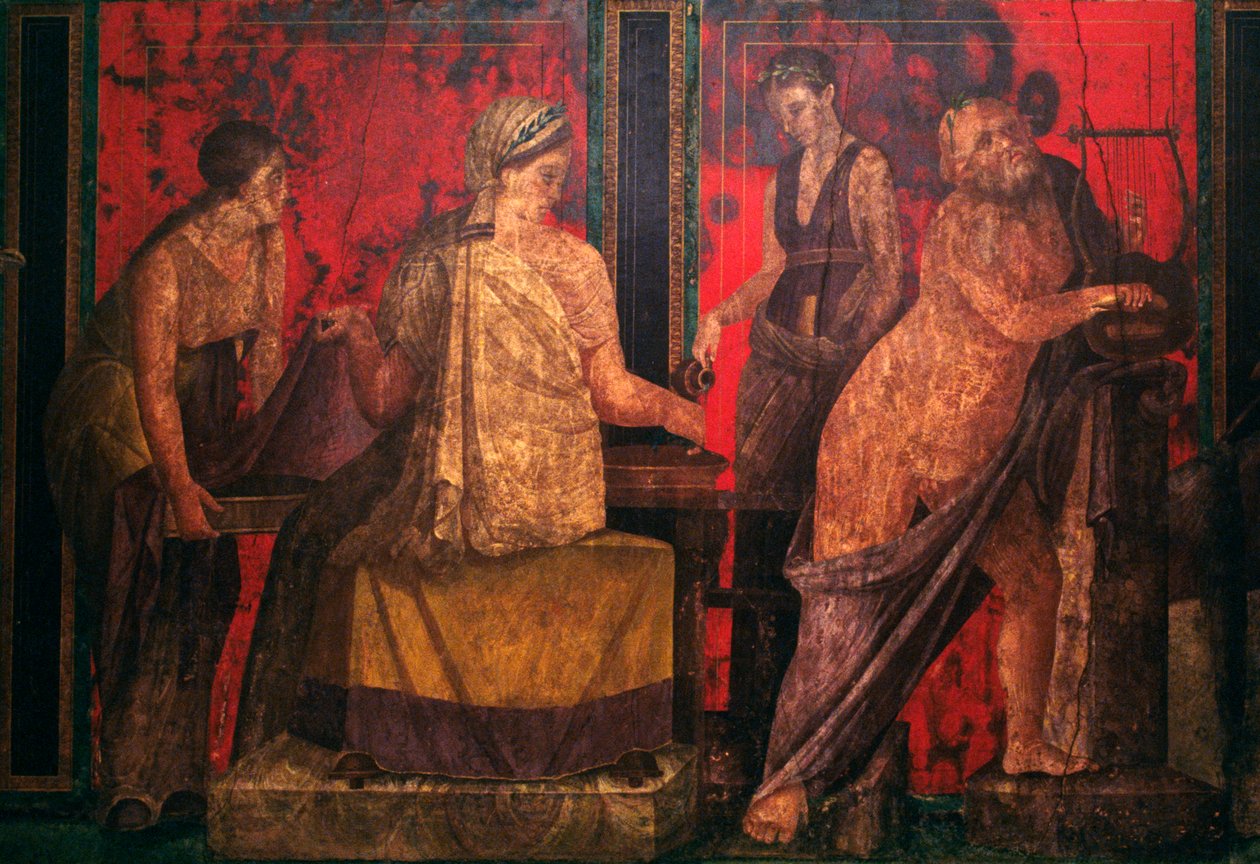 Priesteres en een silenus die een lier bespeelt, scène uit de Inwijding in de Dionysische mysteries, Triclinium van de Villa van de Mysteries, Pompeii door Roman