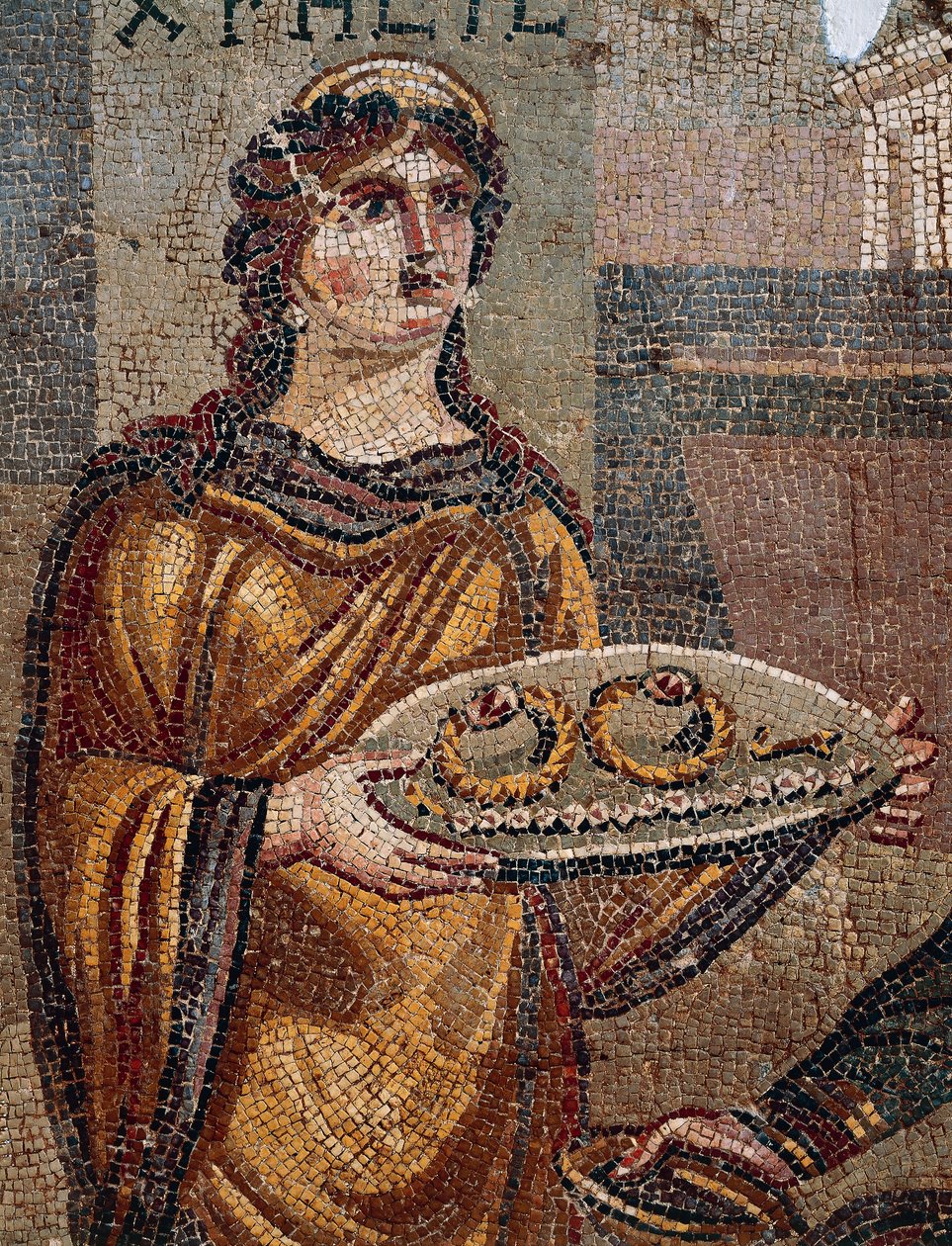 Gevangene Chresis geeft sleutels van haar losgeld aan haar ontvoerder Agamemnon, detail van Mozaïek van Chresis ontdekt in Daphne, Antiochië, Turkije door Roman