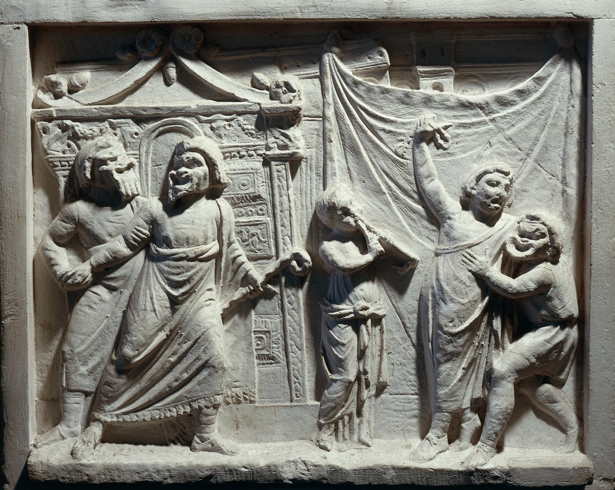 Reliëf van theaterscène uit de komedie 