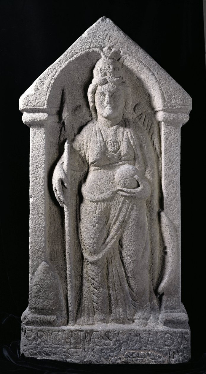 Reliëfsculptuur die Brigantia, een Noord-Britse inheemse godin, als een Romeinse godin afbeeldt, uit Birrens, Middlebie, Dumfriesshire door Roman