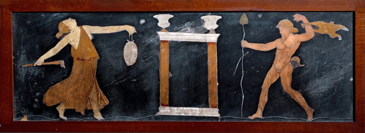 Romeinse kunst: de dans van een menade en een sater bij een kleine tempel. Marqueterie uit Pompeii. Dim. 23x67 cm Museo Archeologico Nazionale, Napels door Roman