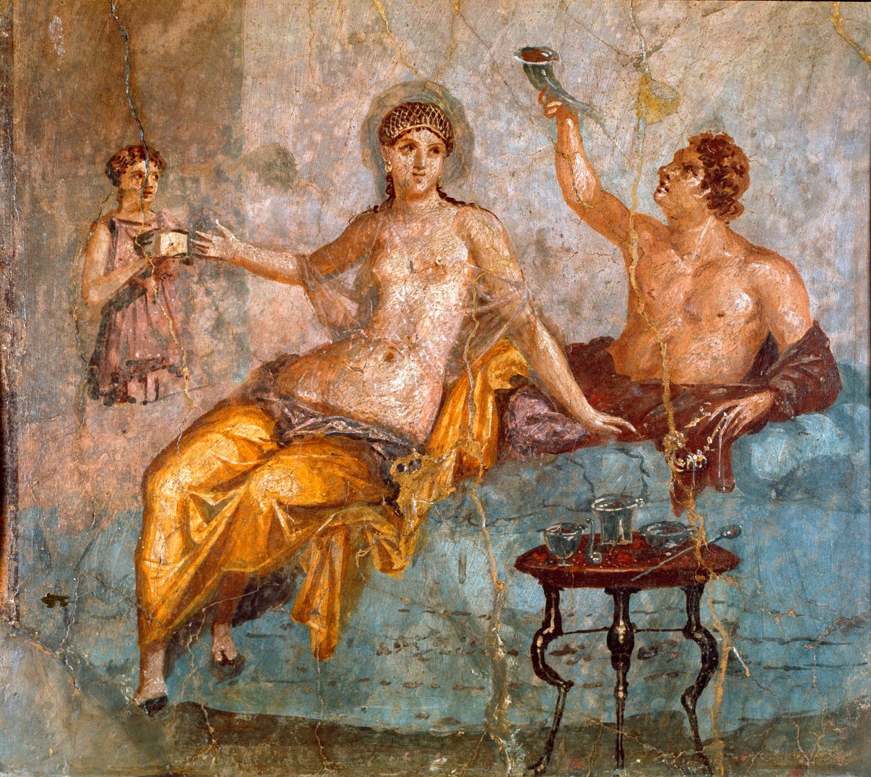 Romeinse kunst: banketscène, een jonge man en een courtisane. Romeinse fresco van de 4e Pompeïaanse stijl van de site van Ercolano (Herculaneum) 60-80 AD door Roman