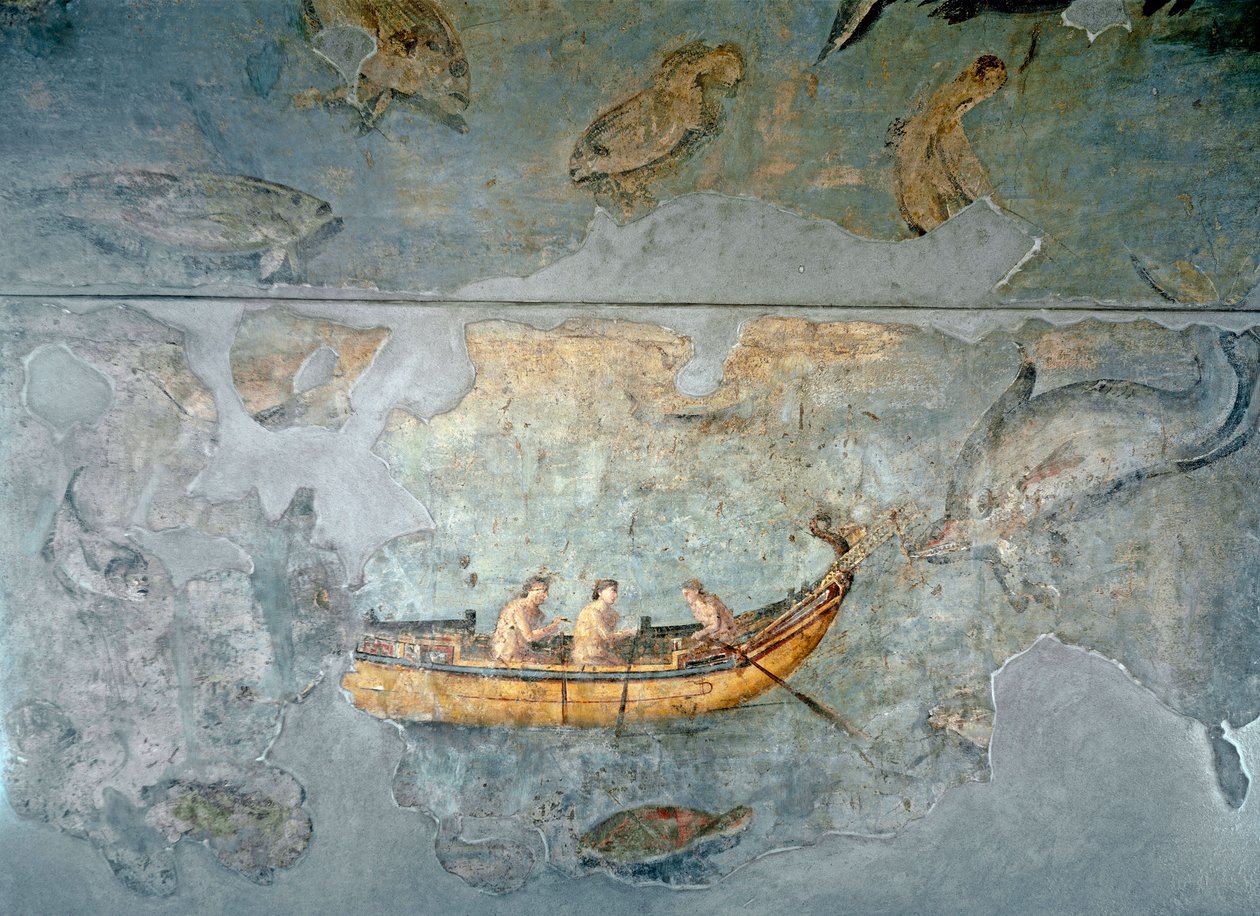 Romeinse kunst: vissers op een boot Fresco uit een huis gelegen nabij een rivierhaven van Rome. 131 AD. Rome, Museo Nazionale Romano (o delle Terme) door Roman