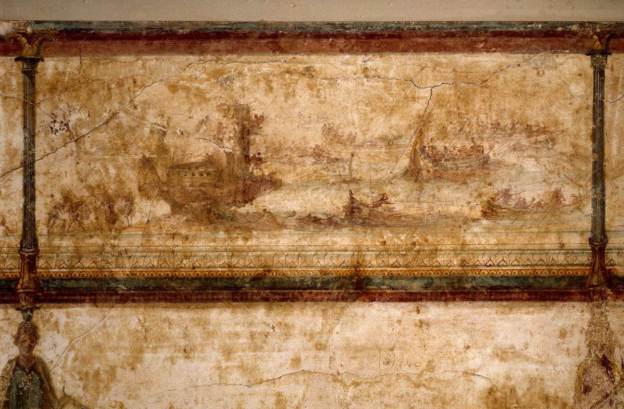 Romeinse kunst: maritieme scène, met biremen en triremen door Roman