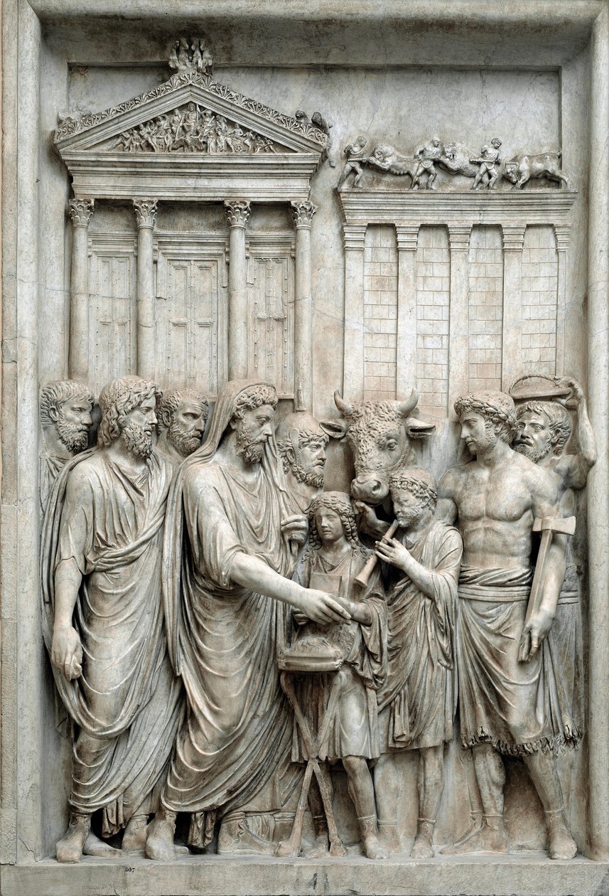 Romeinse keizer Marcus Aurelius offert voor de Tempel van Jupiter, Rome, c.161-180 (marmeren reliëf) door Roman