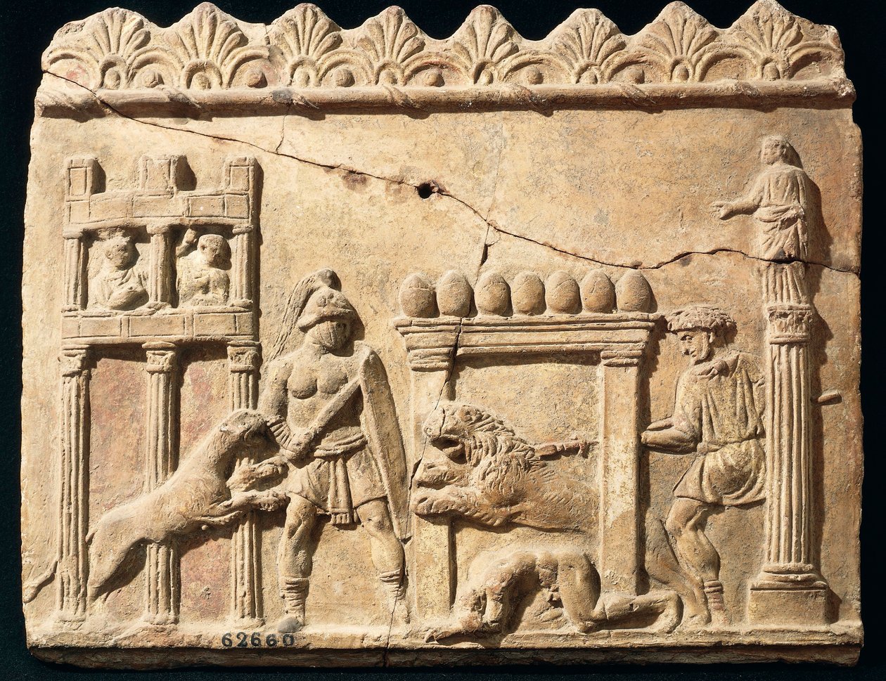 Romeins reliëf met leeuwen en gladiatoren die vechten in het circus door Roman
